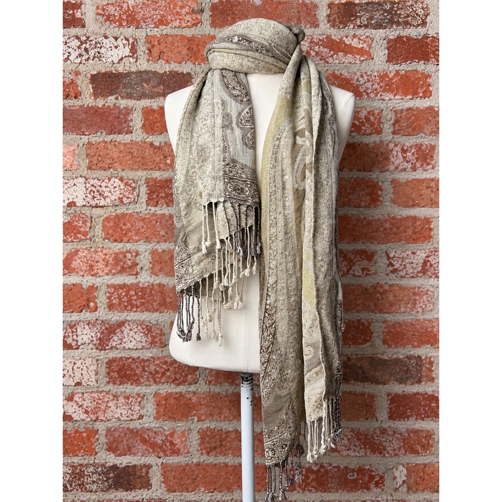 Gold Metallic Paisley Scarf Fringe Shawl Oversized Boho Retro Rave Festival